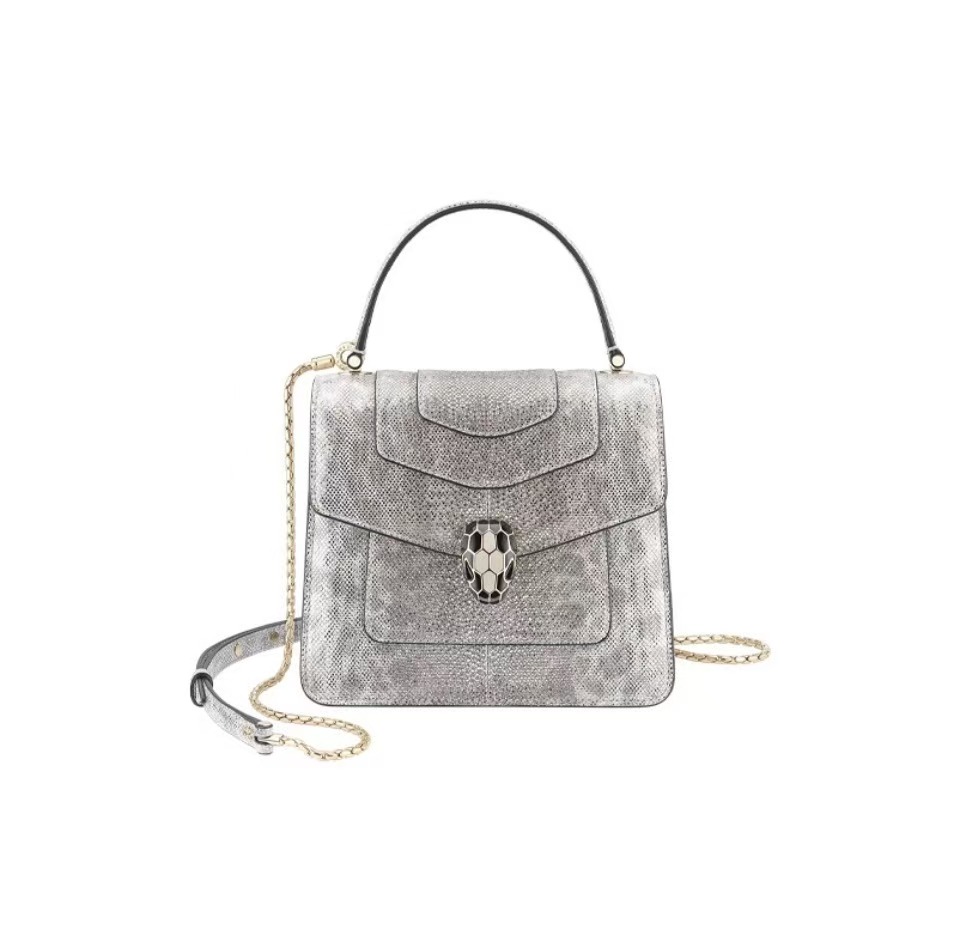 BVLGARI SERPENTI FOREVER White Agate Snake Leather Handbag